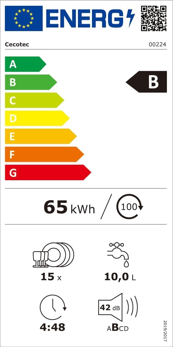 Cecotec Lave-vaisselle 60cm Bolero Aguazero 6700 Dark B Lave-vaisselle foncé, 15 couverts, Classe B, Moteur Inverter Plus, O2 Dry, Lavage Double Zone,