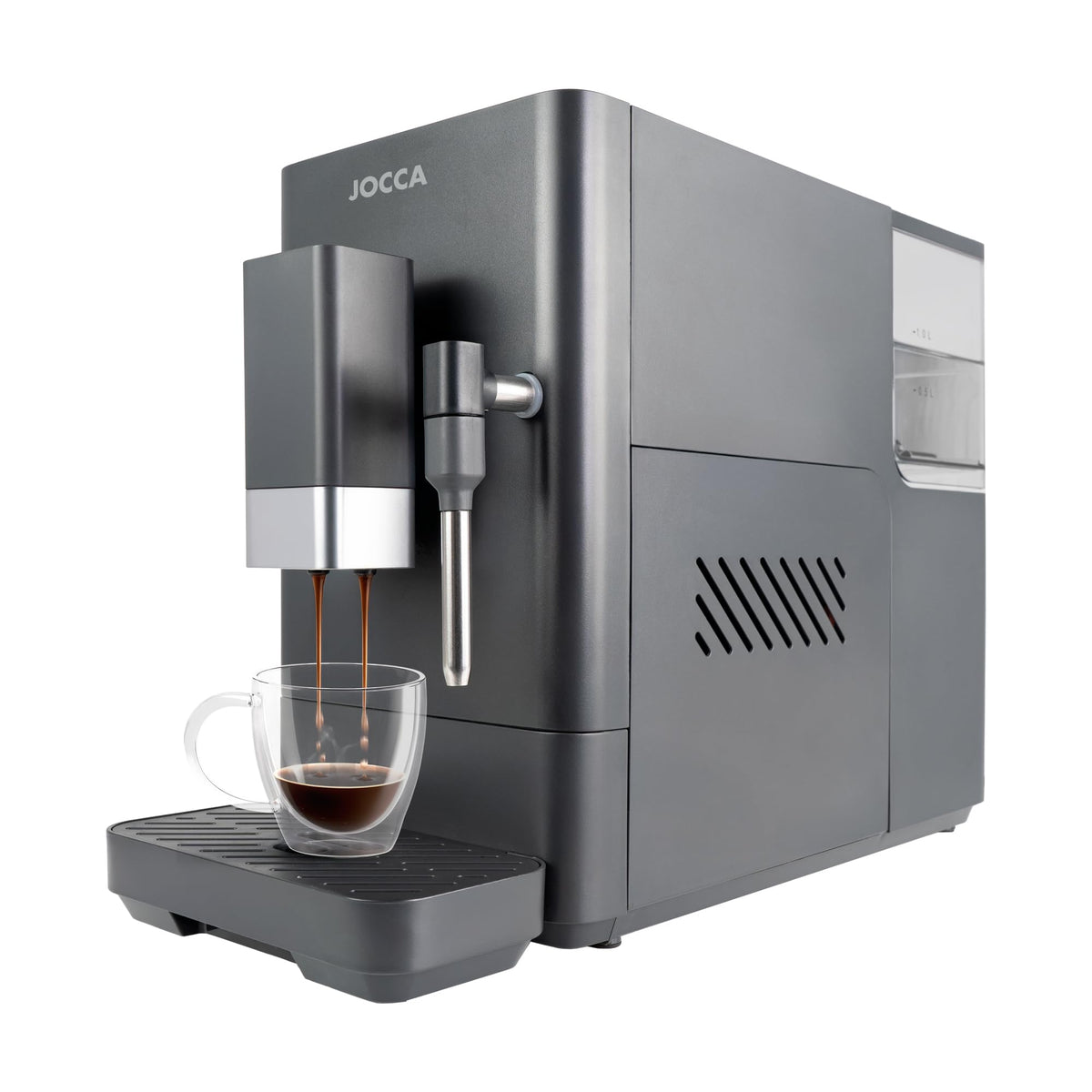 Jocca Cafetière super automatique 20 bars, 1 350 W, réservoir 1,5 l, moulin intégré 15 niveaux, vaporisateur à lait, fonctions expresso, double expres