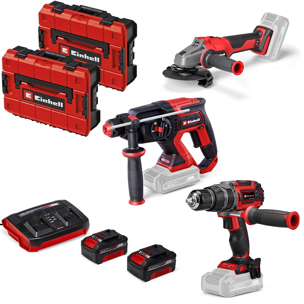 Einhell Professional Pack 3 machines sans fil BL - Power X-Change (Meuleuse d'angle, Marteau perforateur, Perceuse-visseuse percussion) + Twincharger