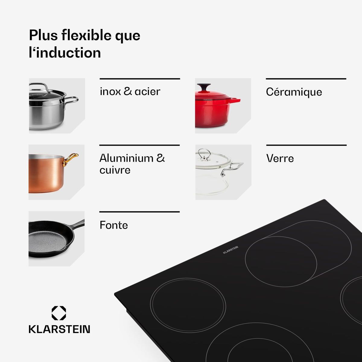 Klarstein Plaque Induction 6500W, Plaque de Cuisson Electrique à Induction, Plaque Induction Encastrées 4 feux, Tables de Cuisson, Plaques chauffantes ThermoBoost, Rechaud Electrique pour la Cuisine