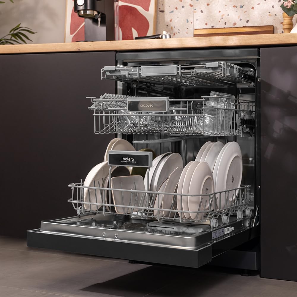 Cecotec Lave-Vaisselle Indépendant de 60 cm Bolero Aguazero 6200 Dark D, 1850W, 14 Couverts, 6 Programmes, Dual Zone Wash, Turbo Dry+, Demi-Charge, Dé