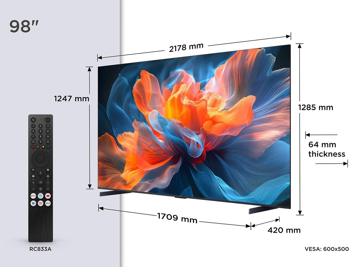 TCL 98T8C 98" QLED 4K HDR Ultra HD TV, Smart TV Powered by Google TV (Dolby Vision & Atmos, 144Hz Motion Clarity Pro, FreeSync, Onkyo 2.1 Sound, Voice Control)
