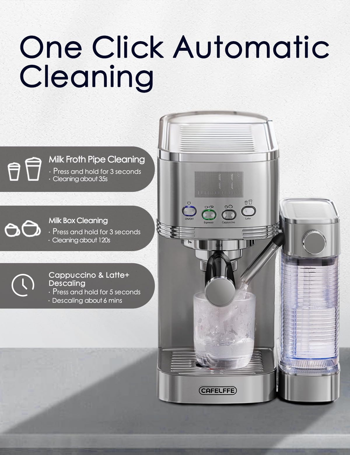 CAFELFFE® Machine à expresso 6 en 1, porte-filtre avec réservoir à lait, machine à cappuccino automatique avec autonettoyage et 3 options de température, 1,3 l en acier inoxydable