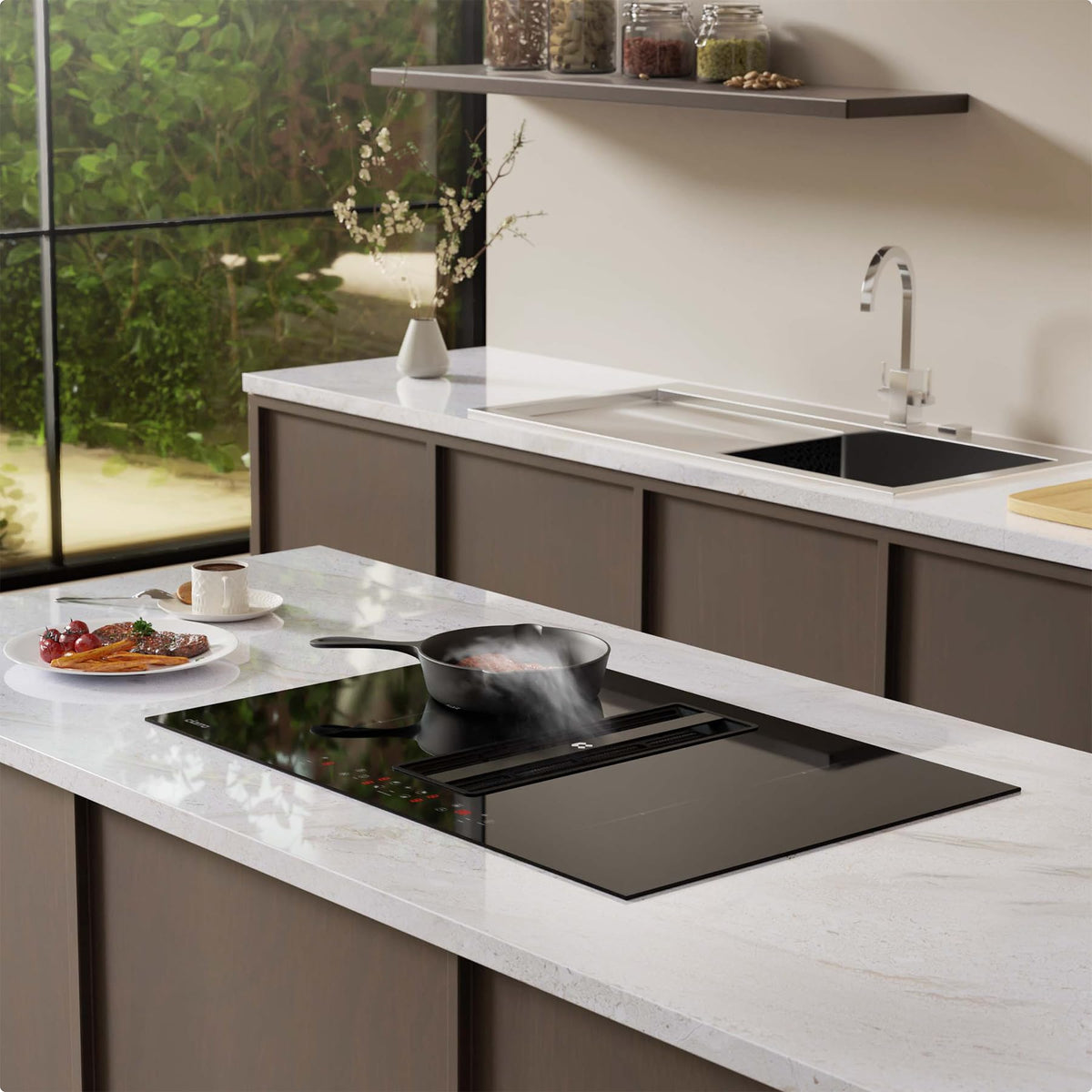 CIARRA One Plaque à Induction et Hotte Intégrée-4 Foyers-83cm-7000W-9 Niveaux de Puissante-500m³/h-Flex zone-Boost-4 Vitesses-Filtration Multiple-Tactile-Verrouillage Enfant