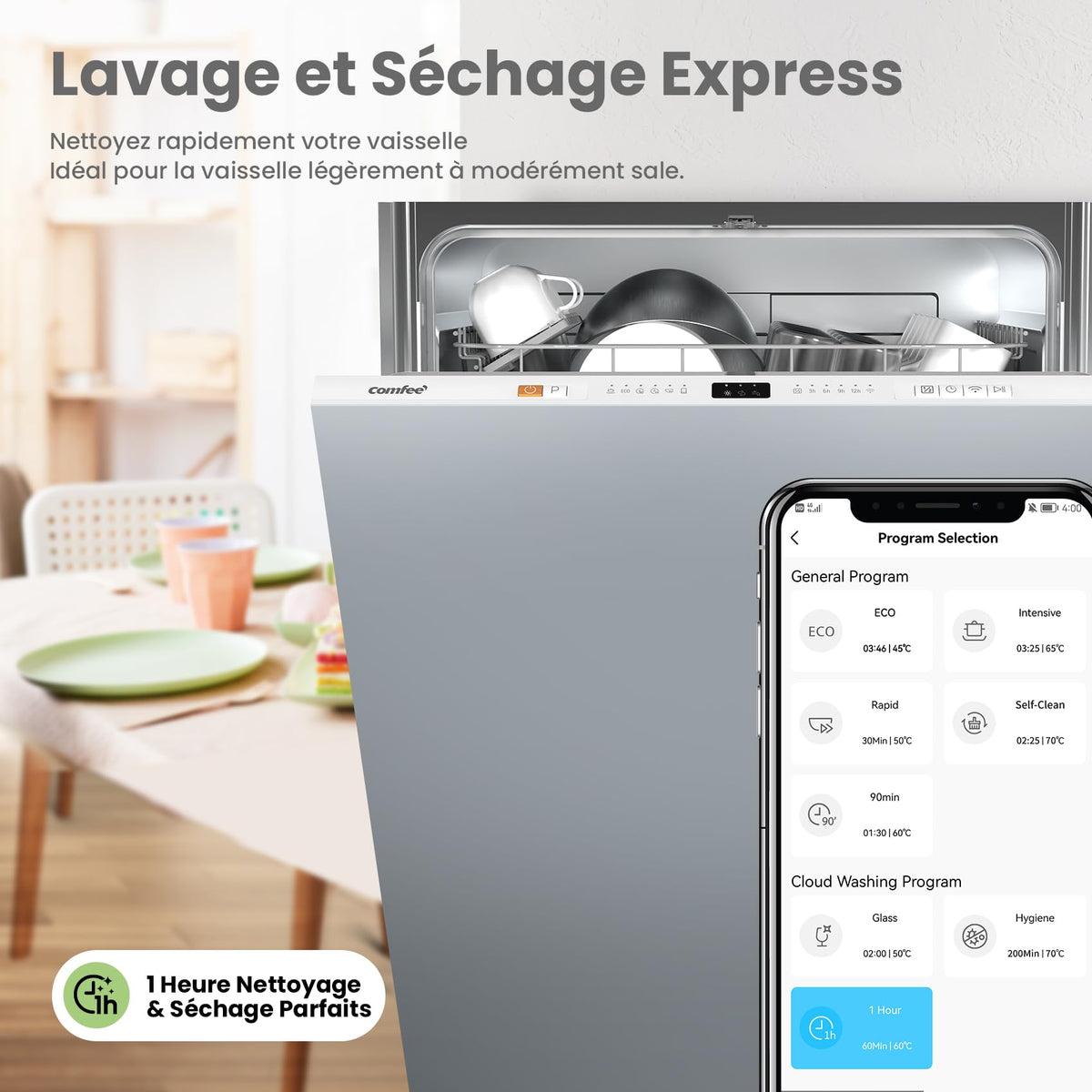COMFEE' CDWPB1215PB-EU Lave-vaisselle Entièrement Intégré avec 12 Couverts, Lavage Cloud Wash, Séchage Supplémentaire, Lave-vaisselle Encastrable avec Démarrage Différé, Lavage Rapide - Blanc