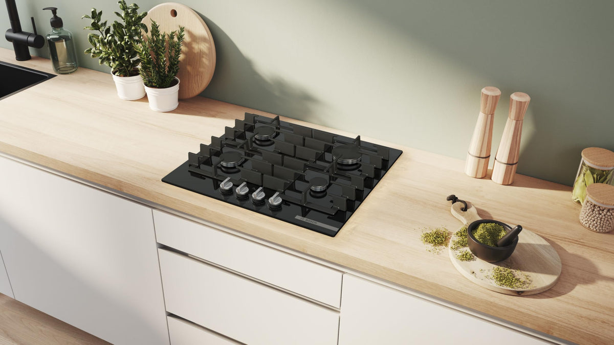 Bosch PPP6A6I40, Série 6, Plaque gaz, 4 feux, 60 cm, Verre trempé noir