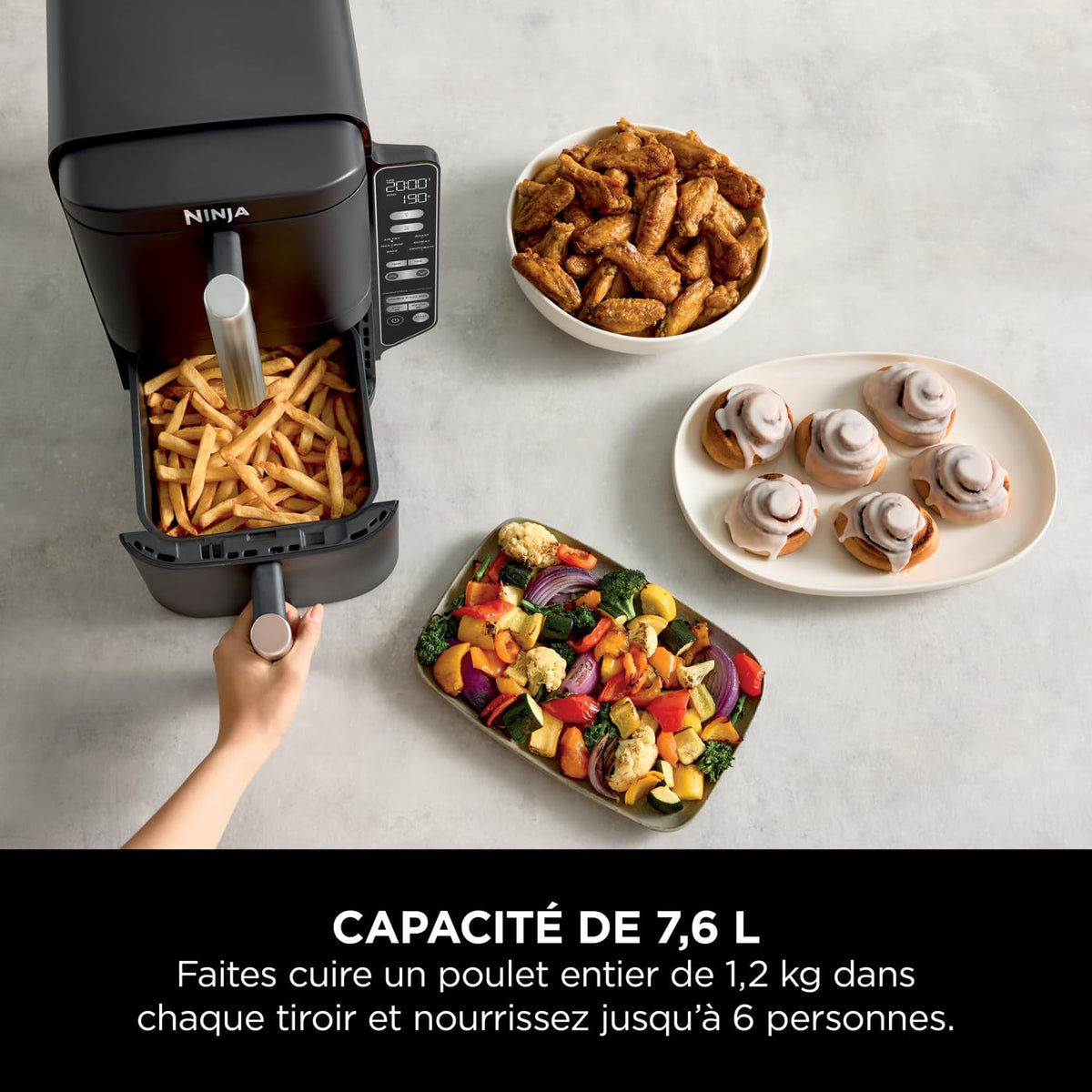 Ninja Double Stack Air-Fryer, Friteuse verticale sans huile à 2 tiroirs, 4 niveaux cuisson, 2 tiroirs et 2 grilles, design compact, capacité de 7,6L, 6 fonctions de Cuisson, 6 portions, gris SL300EU