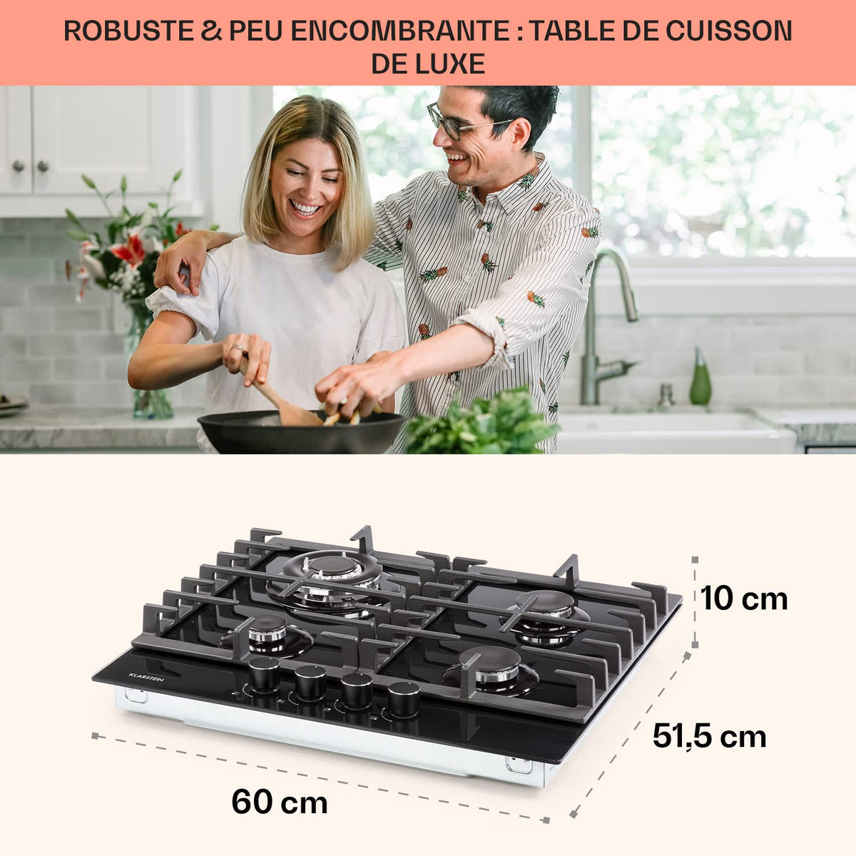 Klarstein Plaque de Cuisson Gaz à 4 Brûleurs en Acier Inoxydable, Table de Cuisson Encastrable à 4 Feux de 8100W, Cuisinières GP