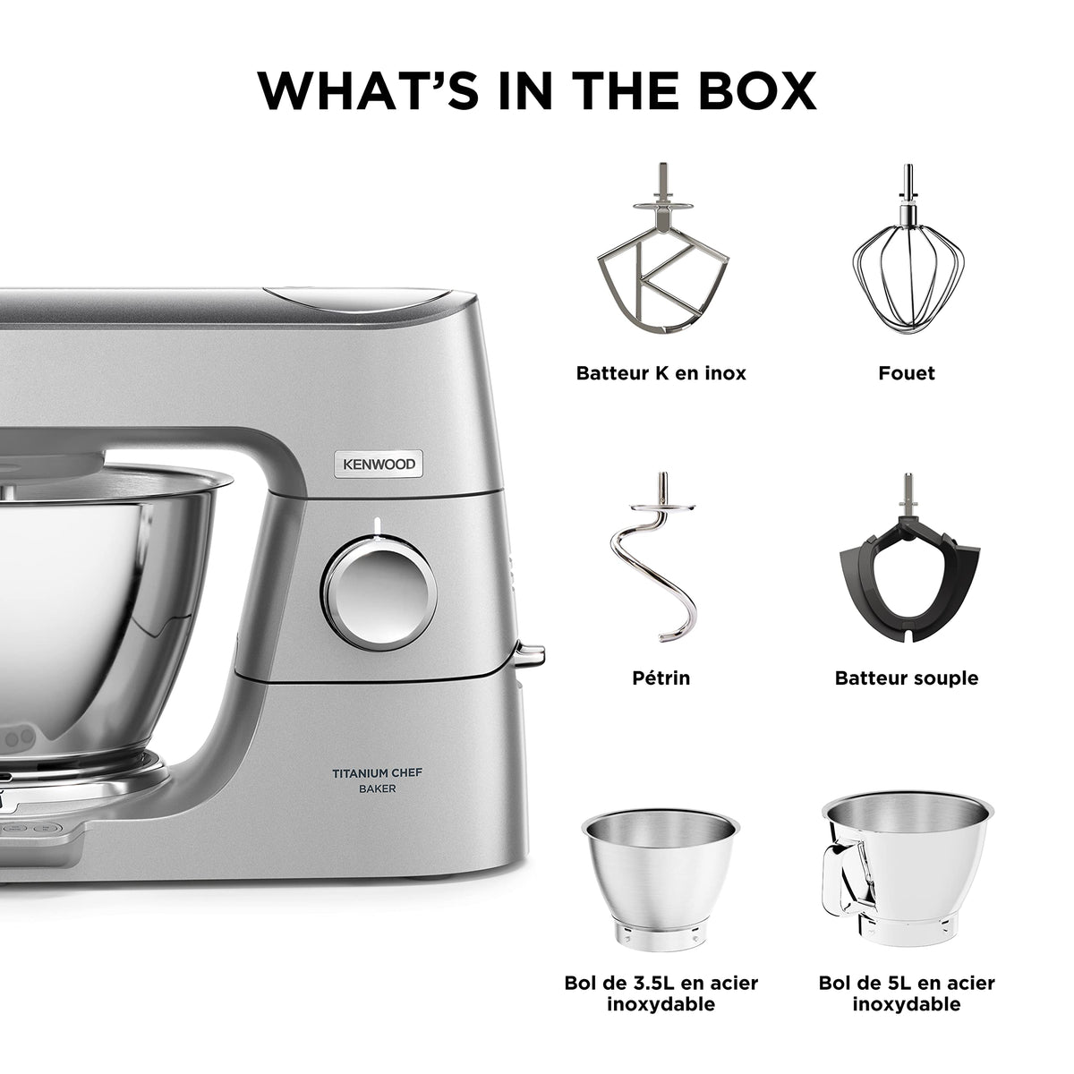 Kenwood Titanium Chef Baker KVC85.004SI Robot Patissier avec Balance Intégrée, Inclus Ensemble Pâtisserie 3 Pièces, Bol de Mélange de 5L et 3.5L, Régulateur de Vitesse Progressif, 1200W, Argenté