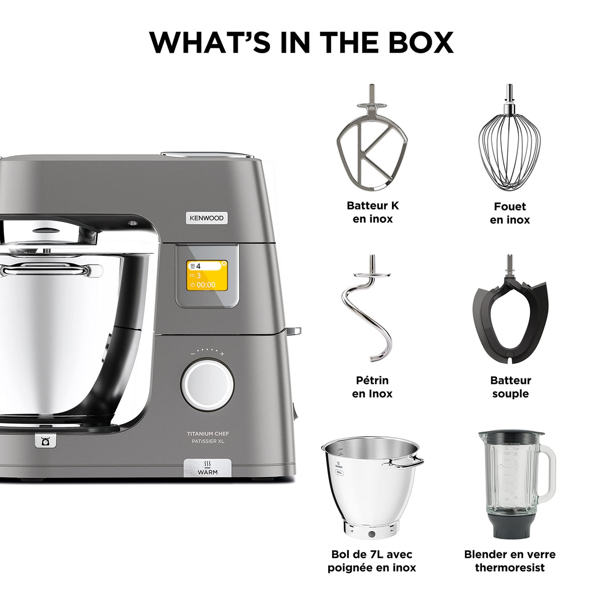 Kenwood Titanium Chef Patissier XL KWL90.034SI, Robot Patissier Balance Intégrée, Batteur K, Pétrin, Fouet, Batteur Souple, Deux Bols, Couvercle Anti-Projections, 1400W, Acier, Argent