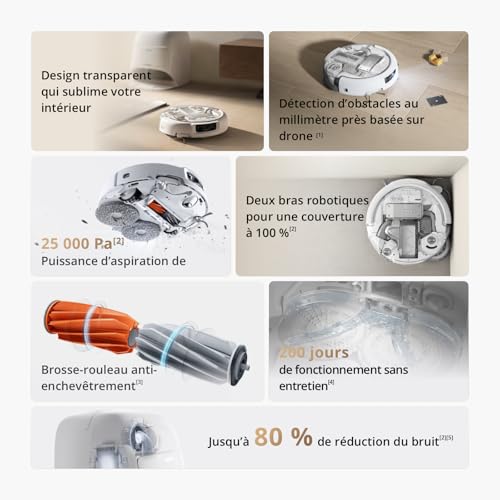 DJI ROMO A Robot Aspirateur Laveur avec Robot Transparent, Aspirateur Robot de 25 000 Pa, détection de Niveau Drone, 200 Jours sans Maintenance, Lavage et séchage Auto des tampons de serpillière