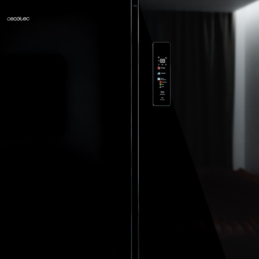 Cecotec Réfrigérateur Américain 4 Portes Bolero CoolMarket 4D 601 Black Glass E. 601L, Moteur Inverter, 90cm, No Frost, ECO, Refroidissement Rapide, Display, Alarme Température, Verre Noir