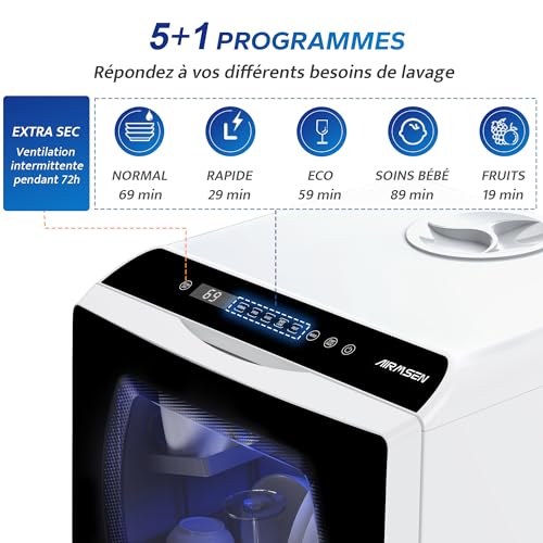AIRMSEN Mini Lave-Vaisselle de Comptoir, 5+1 Programmes, Réservoir d'Eau de 5L, Contrôle Tactile et Écran LED, Adapté pour les Cuisines Familiales, Appartements et Dortoirs, Blanc et noir