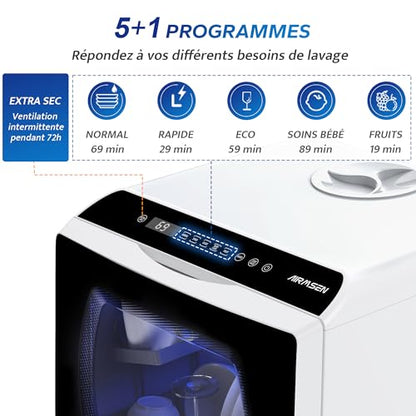 AIRMSEN Mini Lave-Vaisselle de Comptoir, 5+1 Programmes, Réservoir d'Eau de 5L, Contrôle Tactile et Écran LED, Adapté pour les Cuisines Familiales, Appartements et Dortoirs, Blanc et noir