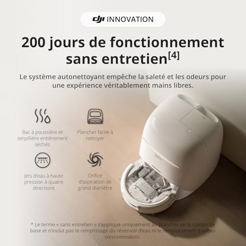 DJI ROMO A Robot Aspirateur Laveur avec Robot Transparent, Aspirateur Robot de 25 000 Pa, détection de Niveau Drone, 200 Jours sans Maintenance, Lavage et séchage Auto des tampons de serpillière