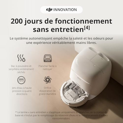 DJI ROMO A Robot Aspirateur Laveur avec Robot Transparent, Aspirateur Robot de 25 000 Pa, détection de Niveau Drone, 200 Jours sans Maintenance, Lavage et séchage Auto des tampons de serpillière
