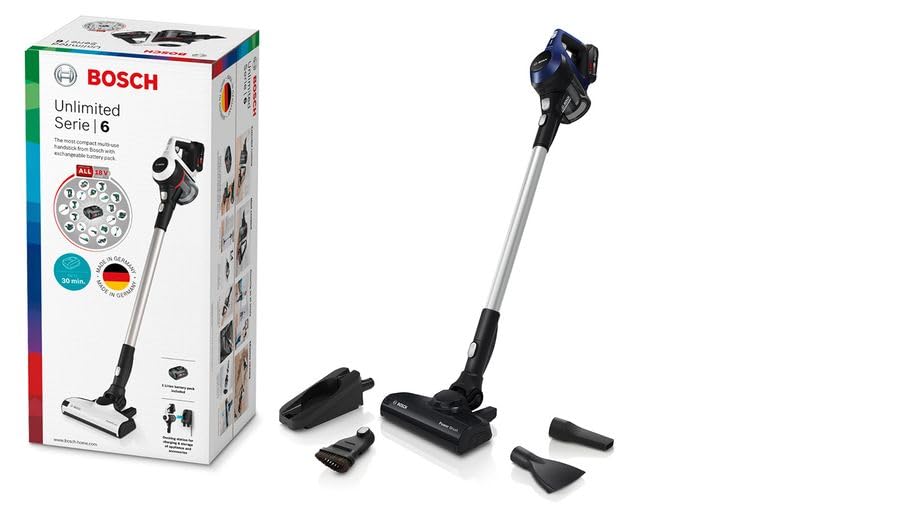 Bosch Electroménager Unlimited 6, BBS611MAT, aspirateur balai sans fil rechargeable, autonomie de 30 min, brosse motorisée, batterie Power for All, accessoires inclus, bleu