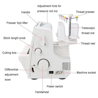 Machine à coudre surjeteuse à point de recouvrement robuste avec capacité de couture 2-3-4-5 points, bac à déchets et pieds-de-biche à encliqueter pour débutants et professionnels