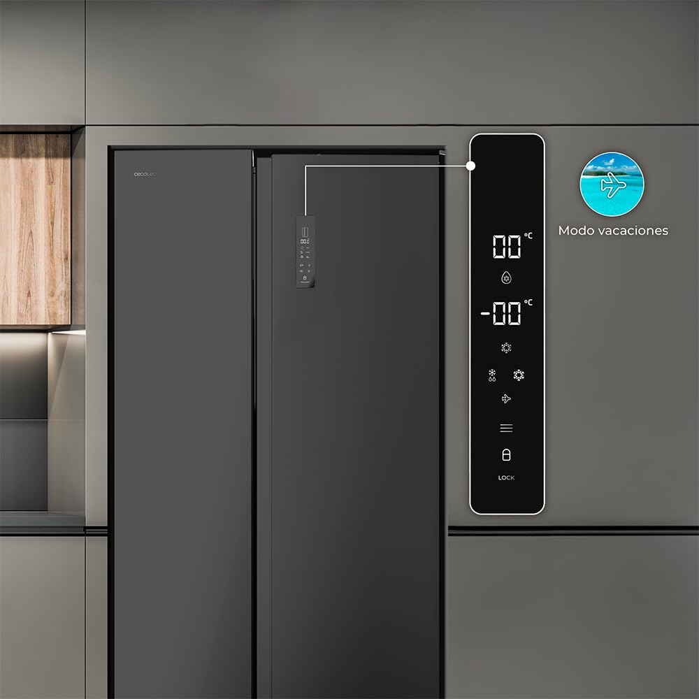 Cecotec Réfrigérateur Américain de 550 Litres Bolero CoolMarket SBS 550 Glass D. 177 cm de Hauteur et 90 cm de Largeur, Système Multi Air Flow, No Frost Total, Moteur Inverter Plus