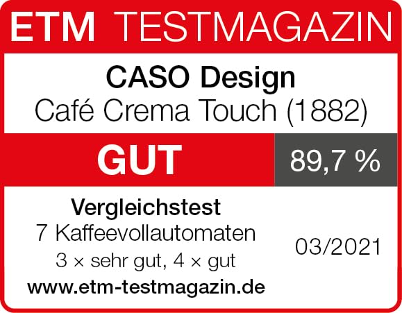 CASO Café Crema Touch Machine à café automatique design avec tuyau et réservoir à lait, broyeur conique réglable en continu, prêt à l'emploi, toutes les spécialités de café par toucher, noir, acier