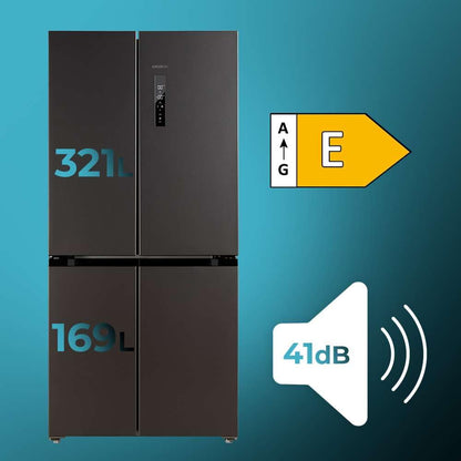 Cecotec American Refrigerator 4 Doors Dark 490 L CoolMarket 4D 490 Dark E. 183 cm High, 91 cm Wide, Low Power Consumption, Inverter Plus Engine, Fast Cooling and Fast Freezing, Total NoFrost
