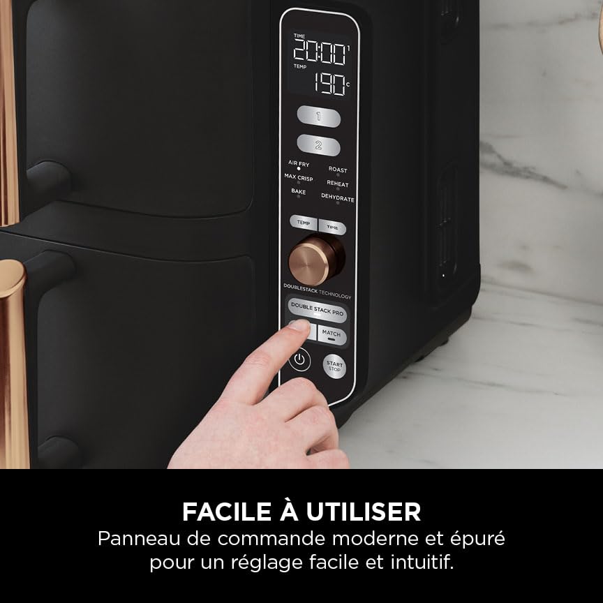 NINJA Double Stack XL Air Fryer 2 Compartiments Verticale, Compact, 4 Niveaux de Cuisson, Capacité de 9,5L, Air Fryer 6-en 1, Pièces Antiadhésives Amovibles Lavables Au Lave-Vaisselle, Noir/Cuivre