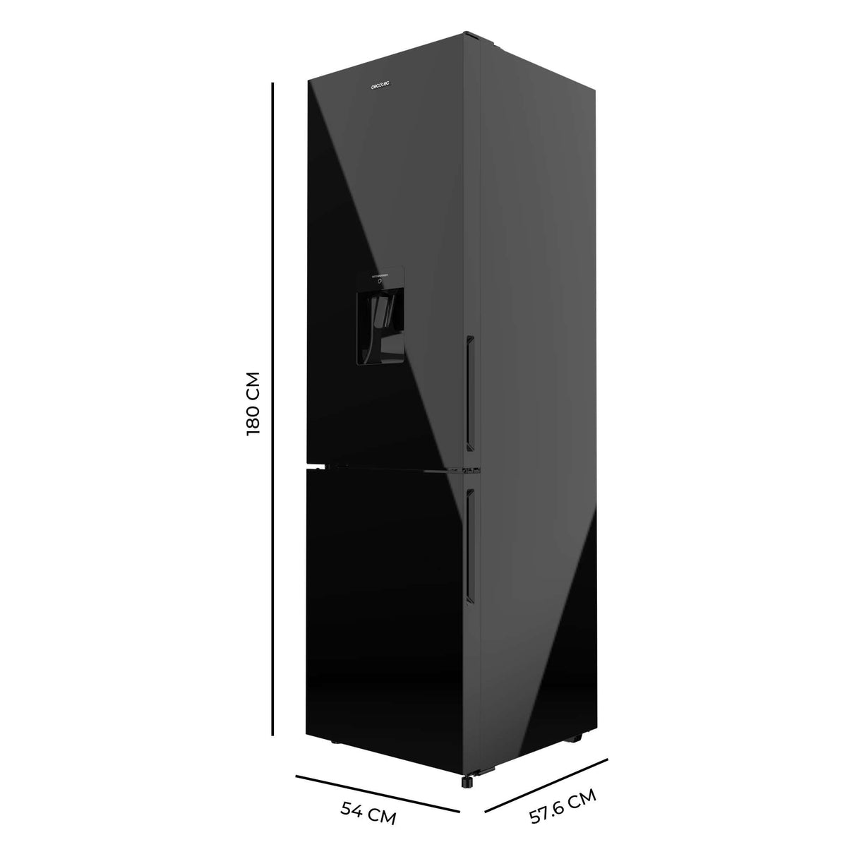 Cecotec Réfrigérateur combiné Bolero CoolMarket Combi 250 WD Black Glass D. Capacité de 250L, classe D, compresseur Inverter, Total No Frost, porte réversible, distributeur d'eau et LED intérieure.