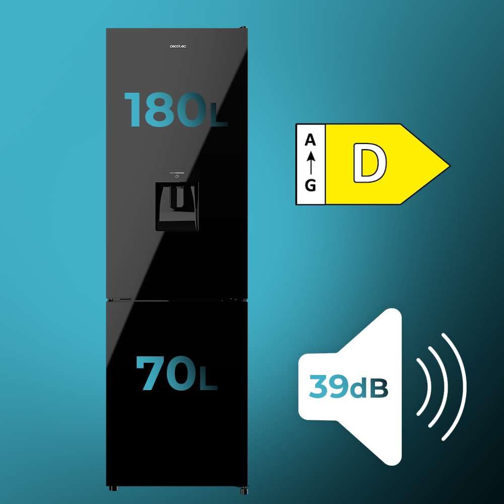 Cecotec Réfrigérateur combiné Bolero CoolMarket Combi 250 WD Black Glass D. Capacité de 250L, classe D, compresseur Inverter, Total No Frost, porte réversible, distributeur d'eau et LED intérieure.