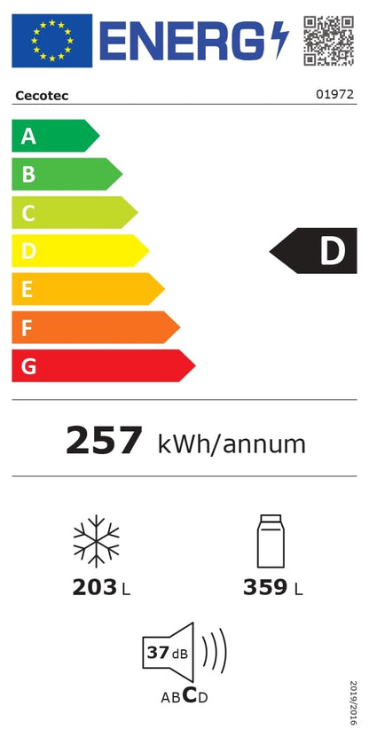 Cecotec Réfrigérateur Américain Bolero CoolMarket SBS 562 Dark D. 562 L, Classe D, Total No Frost, mode vacances, compresseur inverter, LED intérieure y porte réversible.