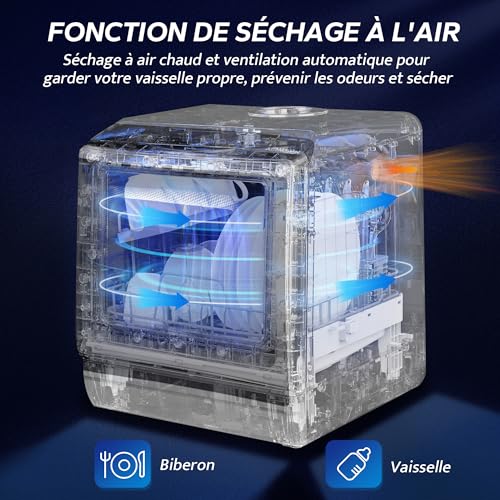 AIRMSEN Mini Lave-Vaisselle de Comptoir, 5+1 Programmes, Réservoir d'Eau de 5L, Contrôle Tactile et Écran LED, Adapté pour les Cuisines Familiales, Appartements et Dortoirs, Blanc et noir