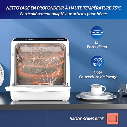 AIRMSEN Mini Lave-Vaisselle de Comptoir, 5+1 Programmes, Réservoir d'Eau de 5L, Contrôle Tactile et Écran LED, Adapté pour les Cuisines Familiales, Appartements et Dortoirs, Blanc et noir