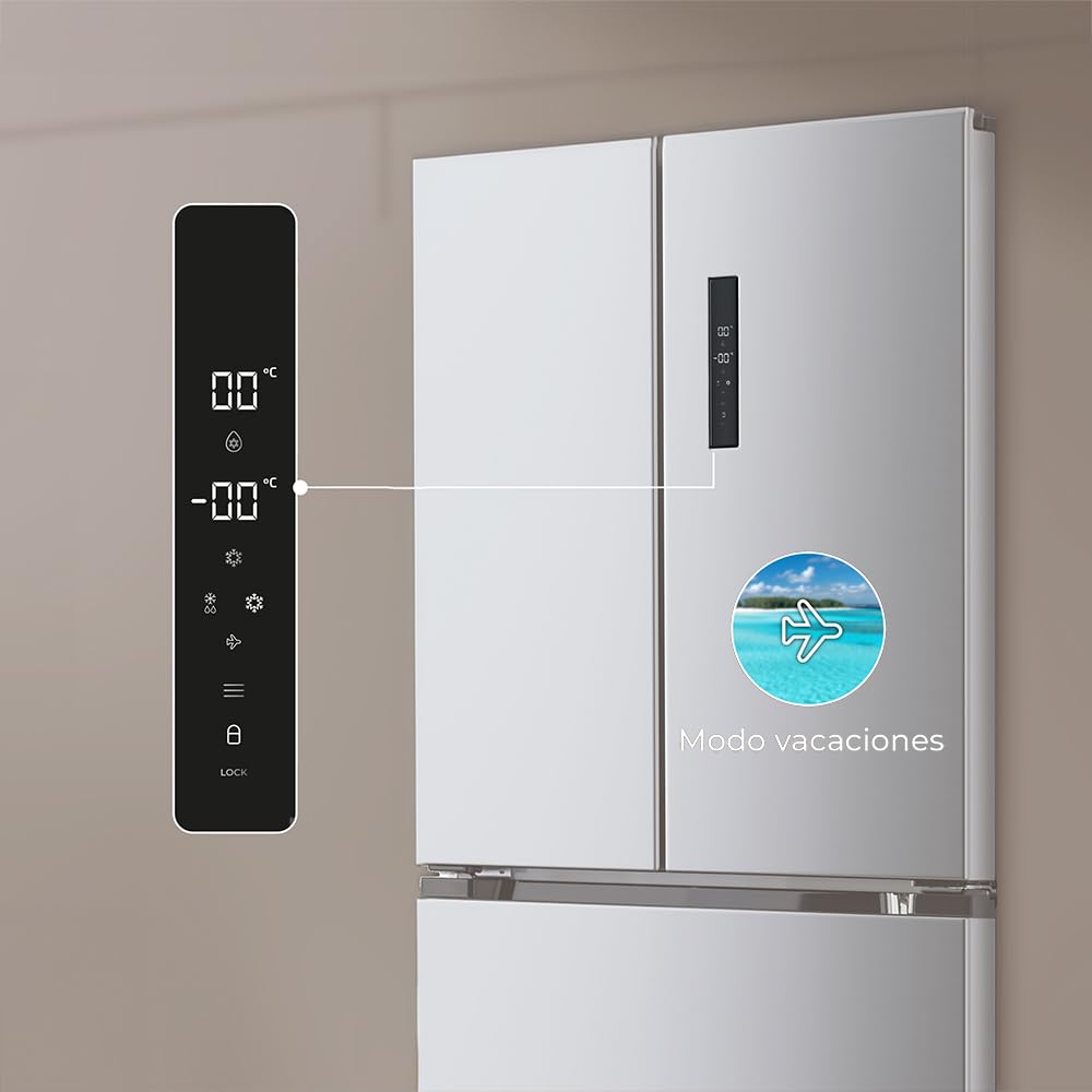 Cecotec Réfrigérateur Porte Française Inox 436L Bolero CoolMarket FD 436 Inox E, 183 x 83,6 cm, Basse Consommation, Compresseur Inverter Plus, Total No Frost, MultiAirFlow et Mode Vacances