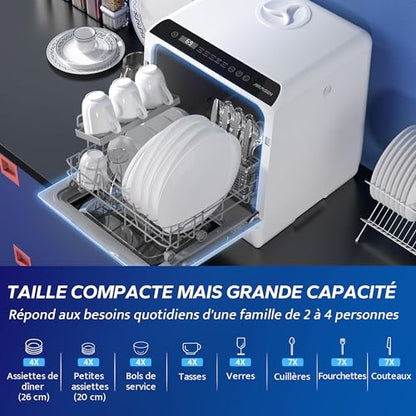 AIRMSEN Mini Lave-Vaisselle de Comptoir, 5+1 Programmes, Réservoir d'Eau de 5L, Contrôle Tactile et Écran LED, Adapté pour les Cuisines Familiales, Appartements et Dortoirs, Blanc et noir