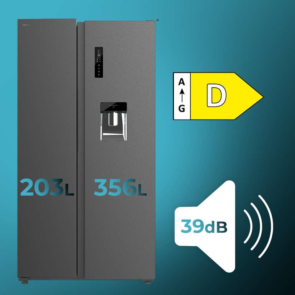 Cecotec Réfrigérateur Américain de 559 Litres Bolero CoolMarket SBS 562 Dark D. 177 cm de Hauteur et 90 cm de Largeur, Classe D, Système Multi Air Flow, No Frost Total, Moteur Inverter Plus