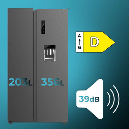 Cecotec Réfrigérateur Américain de 559 Litres Bolero CoolMarket SBS 562 Dark D. 177 cm de Hauteur et 90 cm de Largeur, Classe D, Système Multi Air Flow, No Frost Total, Moteur Inverter Plus