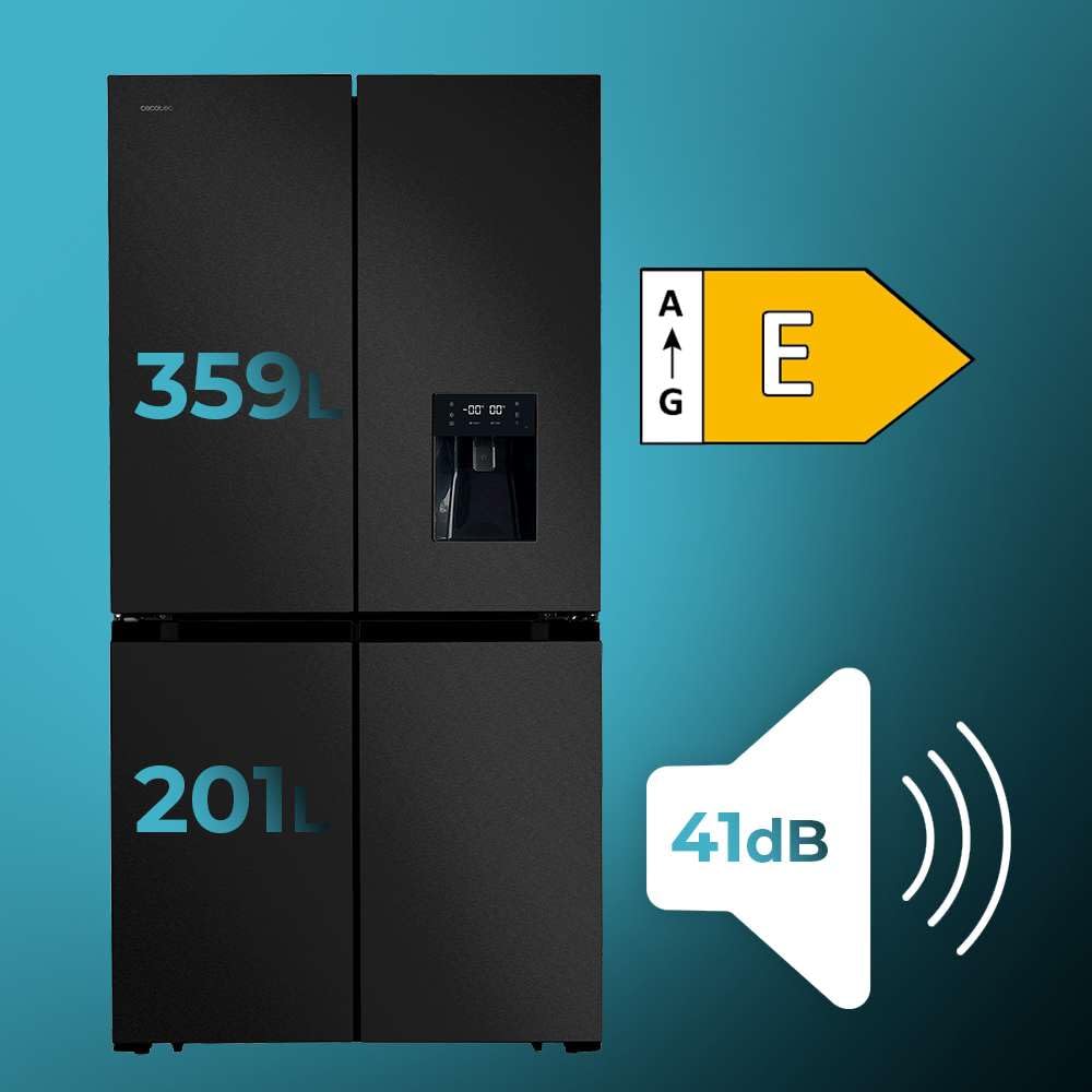 Cecotec Réfrigérateur Américain 4 Portes Dark de 564 L Bolero CoolMarket 4D 564 Dark E. 183 cm de Hauteur, 91 cm de Largeur, Distributeur d'Eau, Moteur Inverter Plus, NoFrost Total