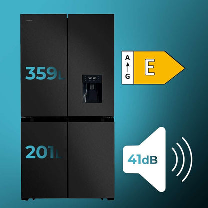 Cecotec Réfrigérateur Américain 4 Portes Dark de 564 L Bolero CoolMarket 4D 564 Dark E. 183 cm de Hauteur, 91 cm de Largeur, Distributeur d'Eau, Moteur Inverter Plus, NoFrost Total