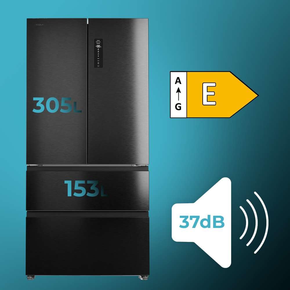 Cecotec Réfrigérateur Porte Française de 4 Portes Semi-Intégrable 458L Total No Frost Bolero CoolMarket F2D 458 SBI Dark E, Hauteur 189 cm et 83 cm Largeur, MetalFlexCooling, Compresseur Inverter