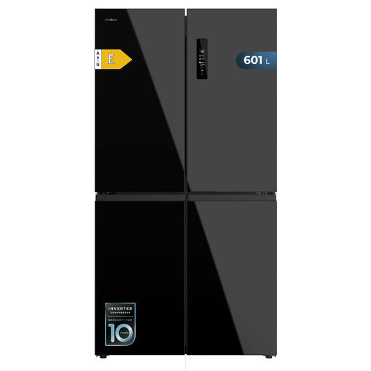 Cecotec Réfrigérateur Américain 4 Portes Bolero CoolMarket 4D 601 Black Glass E. 601L, Moteur Inverter, 90cm, No Frost, ECO, Refroidissement Rapide, Display, Alarme Température, Verre Noir