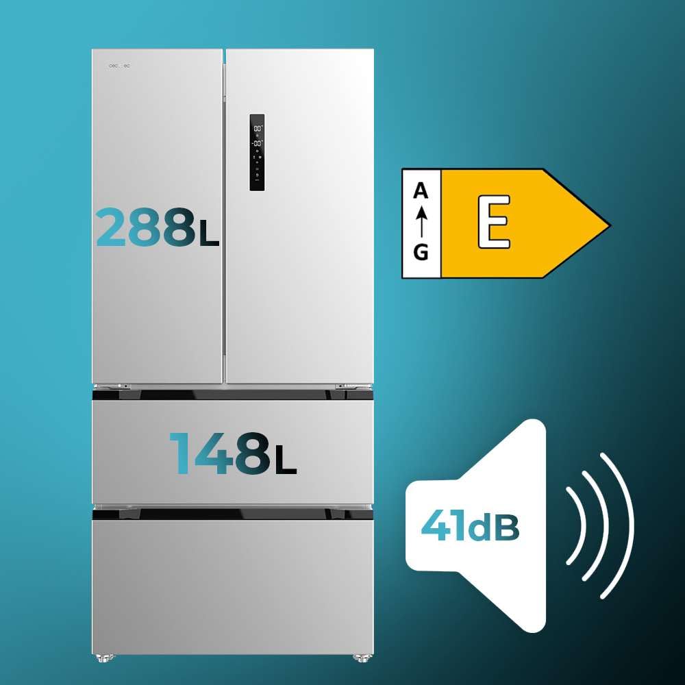 Cecotec Réfrigérateur Porte Française Inox 436L Bolero CoolMarket FD 436 Inox E, 183 x 83,6 cm, Basse Consommation, Compresseur Inverter Plus, Total No Frost, MultiAirFlow et Mode Vacances