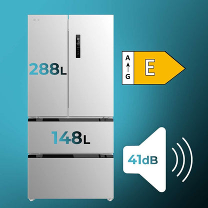 Cecotec Réfrigérateur Porte Française Inox 436L Bolero CoolMarket FD 436 Inox E, 183 x 83,6 cm, Basse Consommation, Compresseur Inverter Plus, Total No Frost, MultiAirFlow et Mode Vacances