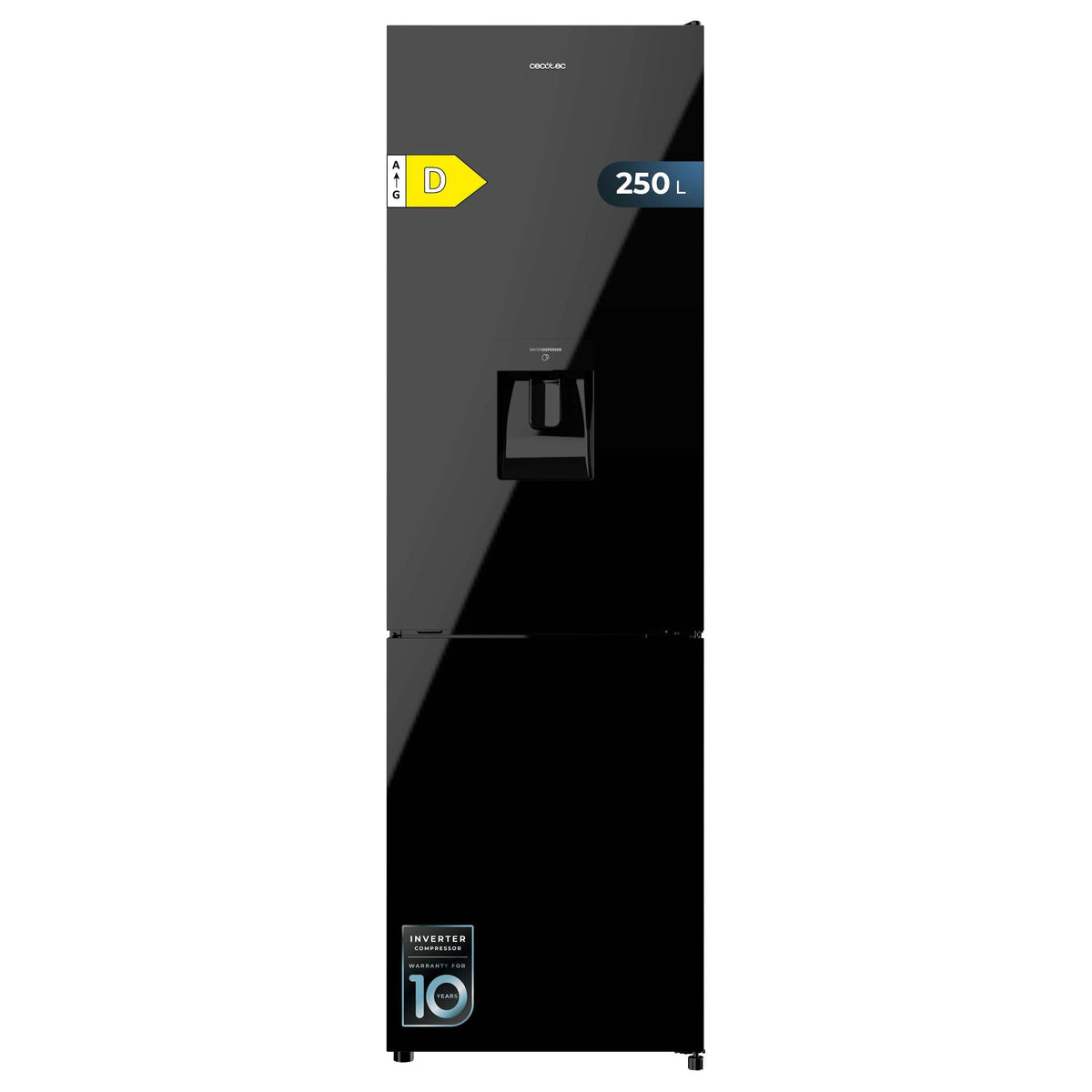 Cecotec Réfrigérateur combiné Bolero CoolMarket Combi 250 WD Black Glass D. Capacité de 250L, classe D, compresseur Inverter, Total No Frost, porte réversible, distributeur d'eau et LED intérieure.