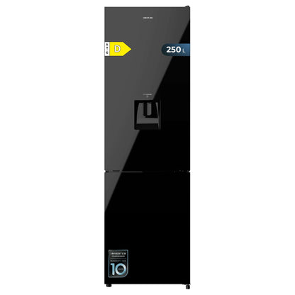 Cecotec Réfrigérateur combiné Bolero CoolMarket Combi 250 WD Black Glass D. Capacité de 250L, classe D, compresseur Inverter, Total No Frost, porte réversible, distributeur d'eau et LED intérieure.