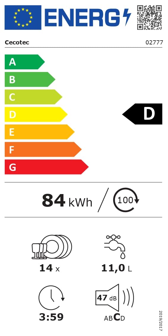 Cecotec Lave-Vaisselle Indépendant de 60 cm Bolero Aguazero 6200 Dark D, 1850W, 14 Couverts, 6 Programmes, Dual Zone Wash, Turbo Dry+, Demi-Charge, Dé