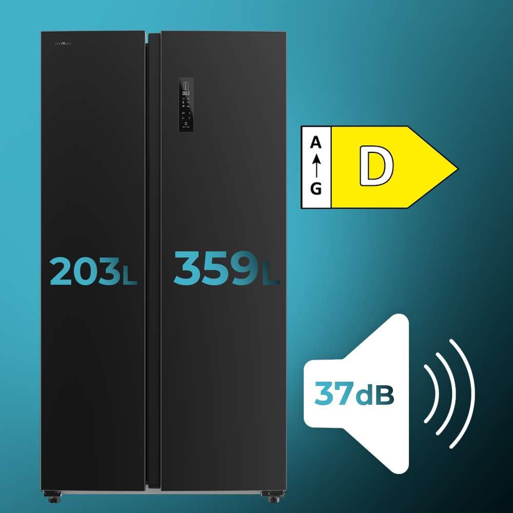 Cecotec Réfrigérateur Américain Bolero CoolMarket SBS 562 Dark D. 562 L, Classe D, Total No Frost, mode vacances, compresseur inverter, LED intérieure y porte réversible.
