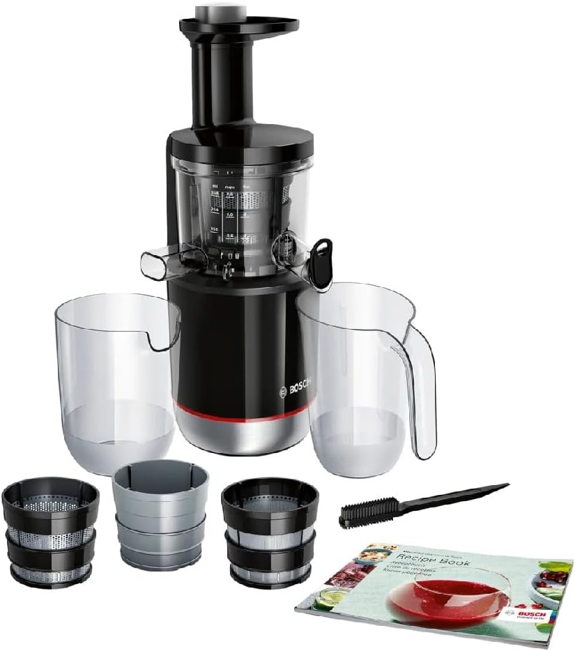 Bosch VitaExtract MESM731M Extracteur de Jus – Extraction lente pour réduire l'oxydation – Contrôle du niveau de pulpe et 3 différents filtres – 150 W – Couleur : noir