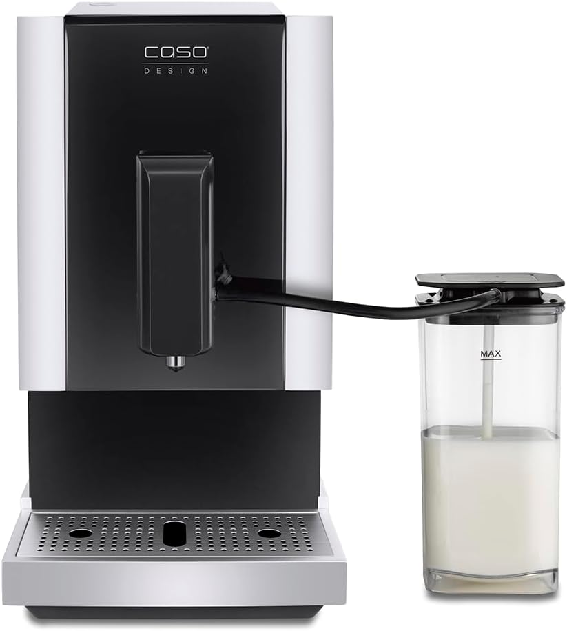 CASO Café Crema Touch Machine à café automatique design avec tuyau et réservoir à lait, broyeur conique réglable en continu, prêt à l'emploi, toutes les spécialités de café par toucher, noir, acier