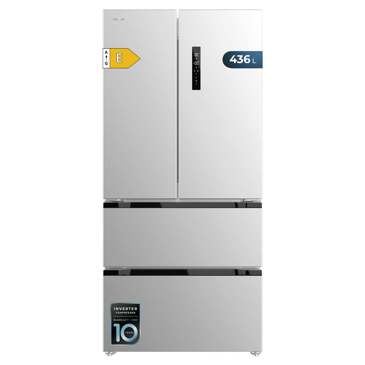 Cecotec Réfrigérateur Porte Française Inox 436L Bolero CoolMarket FD 436 Inox E, 183 x 83,6 cm, Basse Consommation, Compresseur Inverter Plus, Total No Frost, MultiAirFlow et Mode Vacances