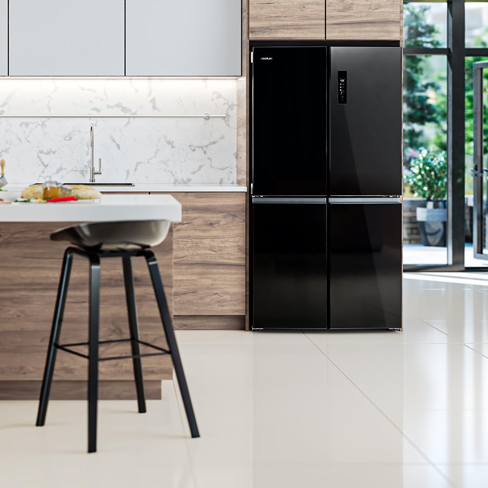 Cecotec Réfrigérateur Américain 4 Portes Bolero CoolMarket 4D 601 Black Glass E. 601L, Moteur Inverter, 90cm, No Frost, ECO, Refroidissement Rapide, Display, Alarme Température, Verre Noir