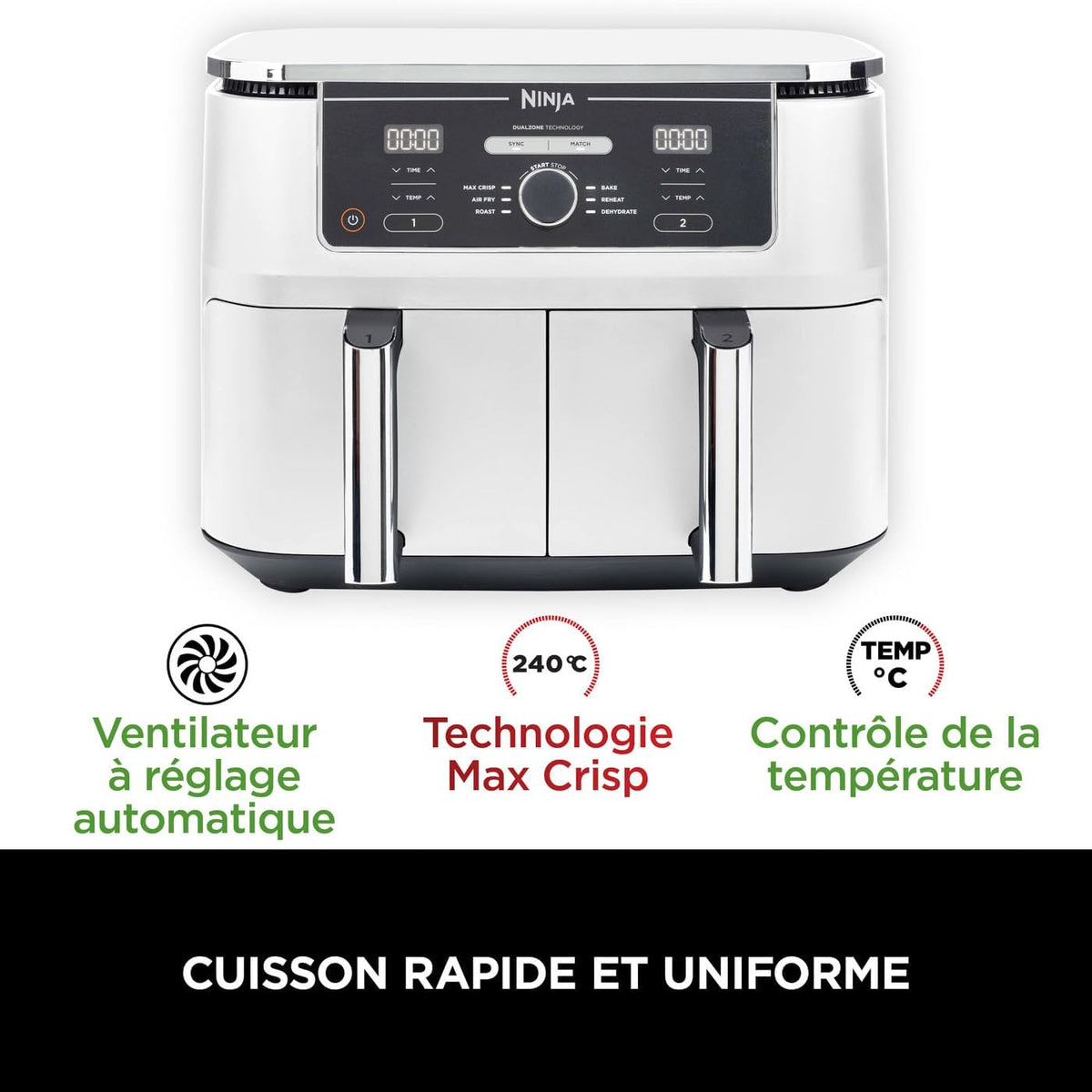 Ninja Foodi MAX Dual Zone Air Fryer, 2 Tiroirs, 9,5L, 6-en-1, Sans Huile, Air Fry, Croustillant Max, Rôtir, Cuire, Déshydrater, 8 Portions, Paniers Antiadhésifs Vont Au Lave-Vaisselle, Blanc AF400EUWH